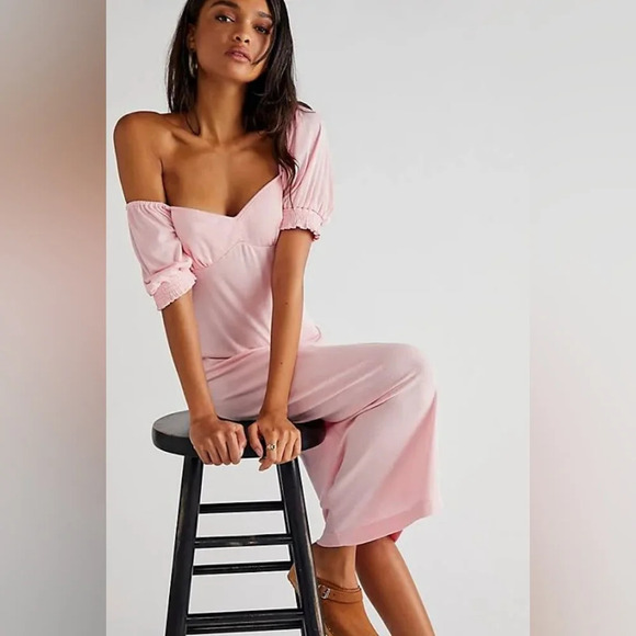 Free People Beach Bel Air Midi Dress Pink Medium Feminine Resort Date Sundress - Picture 1 of 9